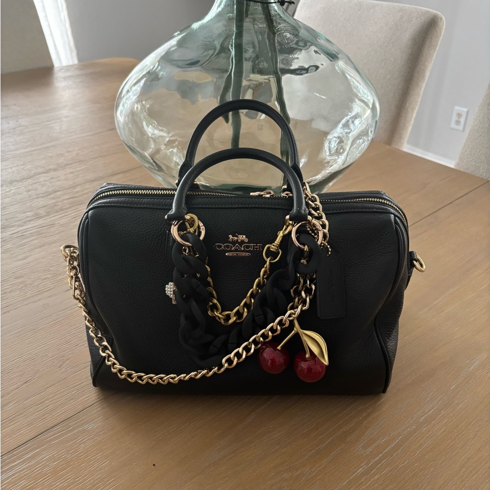 Coach Black Leather Satchel with Gold Chain